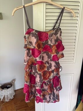 BCBG Ruffled Floral Spaghetti Strap Dress in Pink, Magenta & Brown